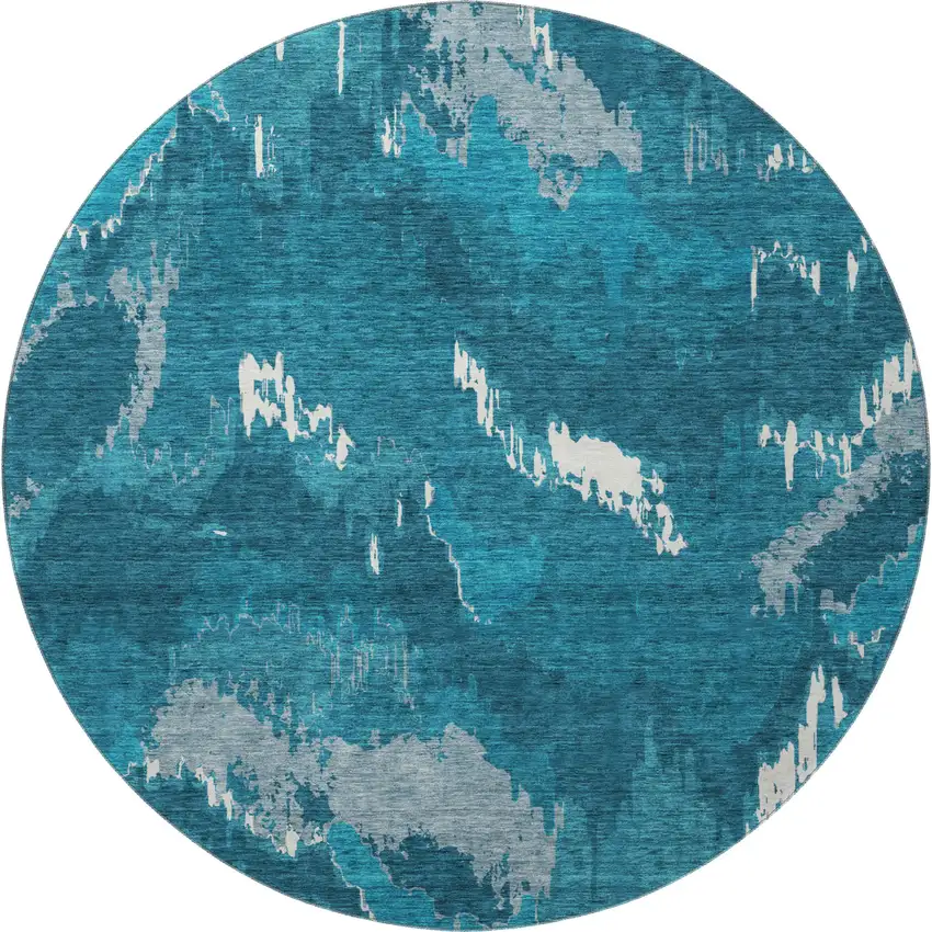 8' Navy Blue And Ivory Abstract Washable Round Rug With UV Protection Photo 5