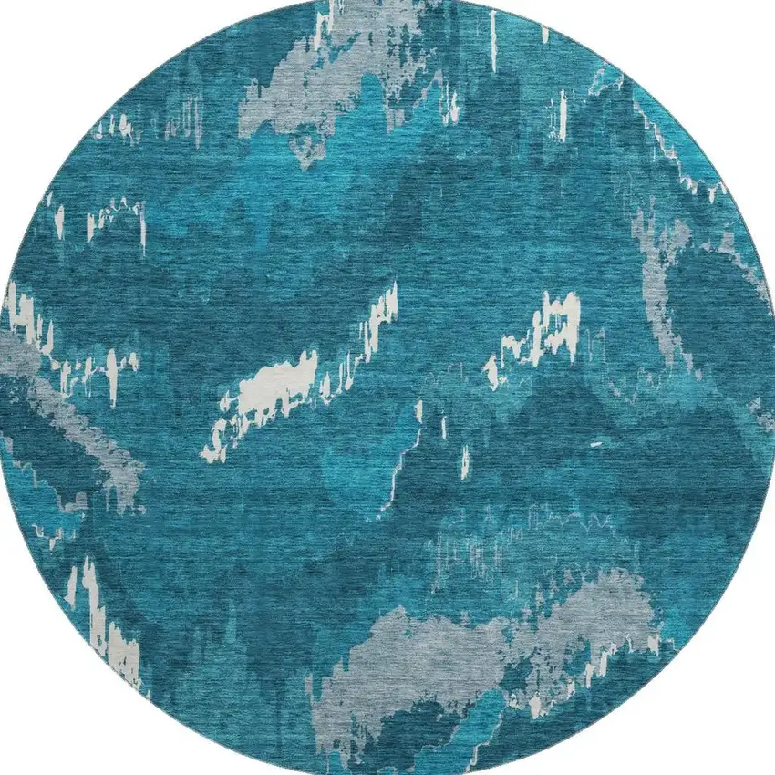 8' Navy Blue And Ivory Abstract Washable Round Rug With UV Protection Photo 4