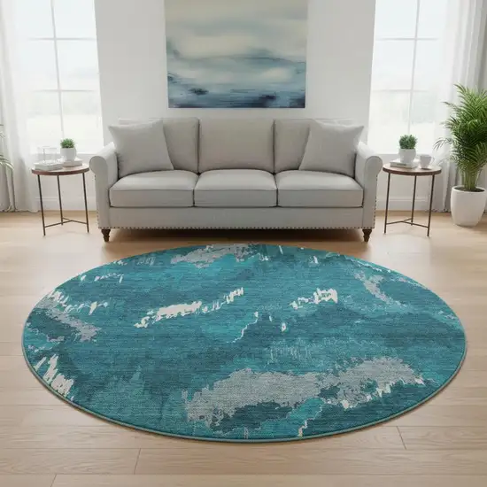 8' Navy Blue And Ivory Abstract Washable Round Rug With UV Protection Photo 1