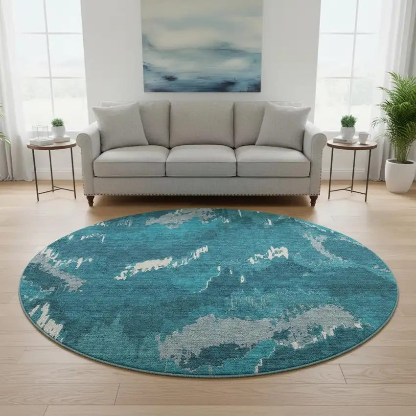 8' Navy Blue And Ivory Abstract Washable Round Rug With UV Protection Photo 1