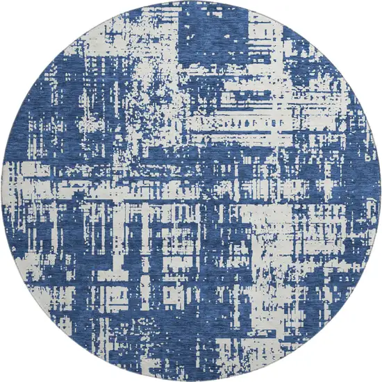 8' Navy Blue And Ivory Abstract Washable Round Rug With UV Protection Photo 1
