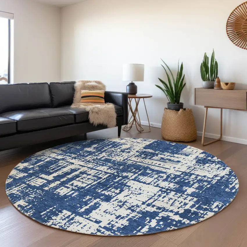 8' Navy Blue And Ivory Abstract Washable Round Rug With UV Protection Photo 5