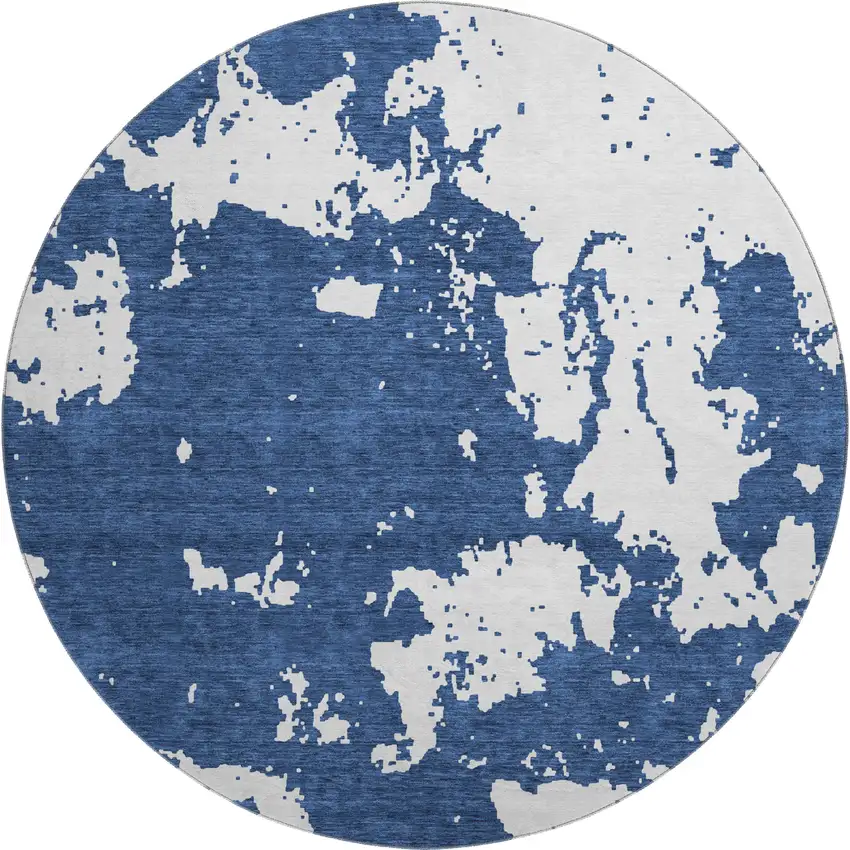 8' Navy Blue And Ivory Abstract Washable Round Rug With UV Protection Photo 1