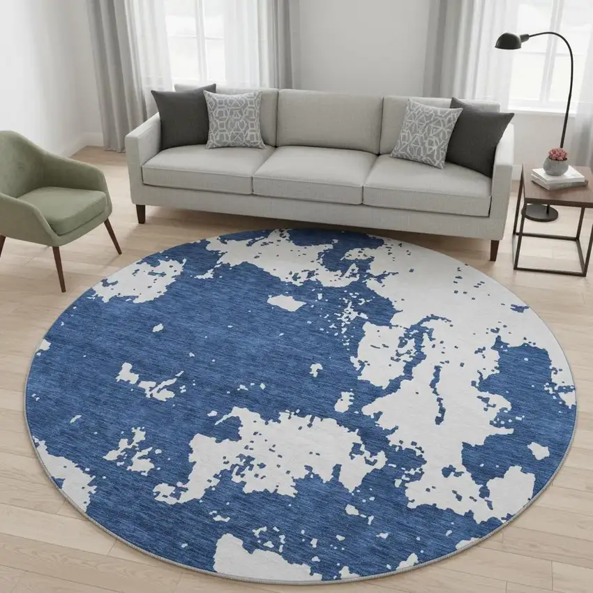 8' Navy Blue And Ivory Abstract Washable Round Rug With UV Protection Photo 2