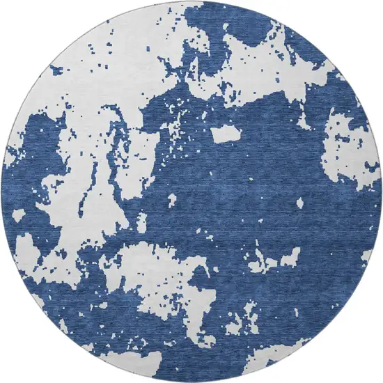 8' Navy Blue And Ivory Abstract Washable Round Rug With UV Protection Photo 4