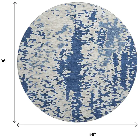8' Navy Blue And Ivory Abstract Washable Round Rug With UV Protection Photo 9