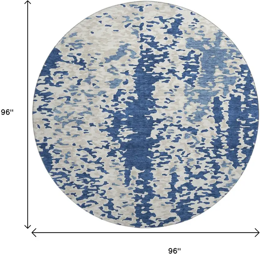 8' Navy Blue And Ivory Abstract Washable Round Rug With UV Protection Photo 9