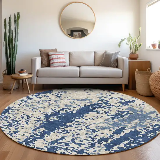 8' Navy Blue And Ivory Abstract Washable Round Rug With UV Protection Photo 4