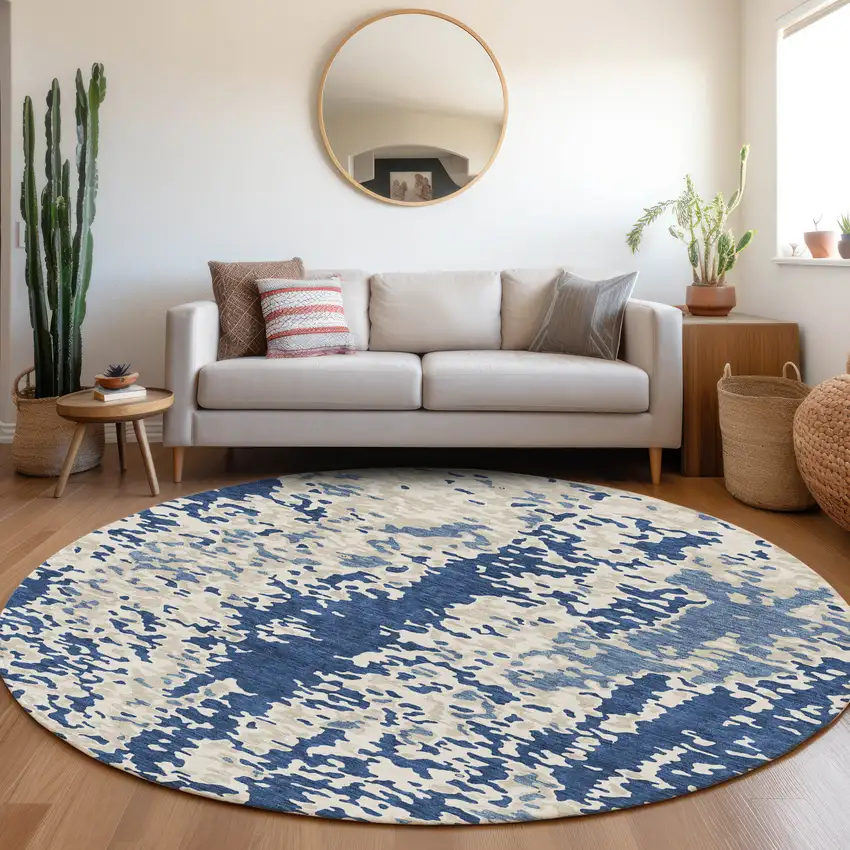 8' Navy Blue And Ivory Abstract Washable Round Rug With UV Protection Photo 4