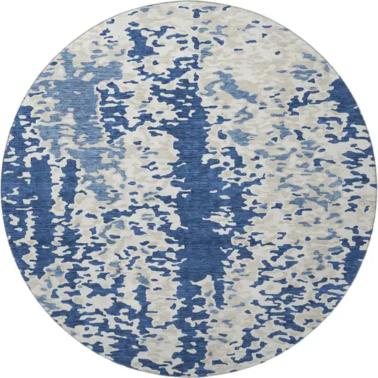 8' Navy Blue And Ivory Abstract Washable Round Rug With UV Protection Photo 3