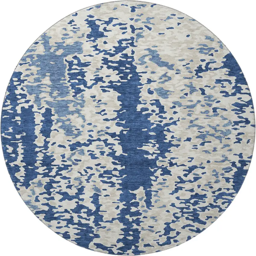 8' Navy Blue And Ivory Abstract Washable Round Rug With UV Protection Photo 3