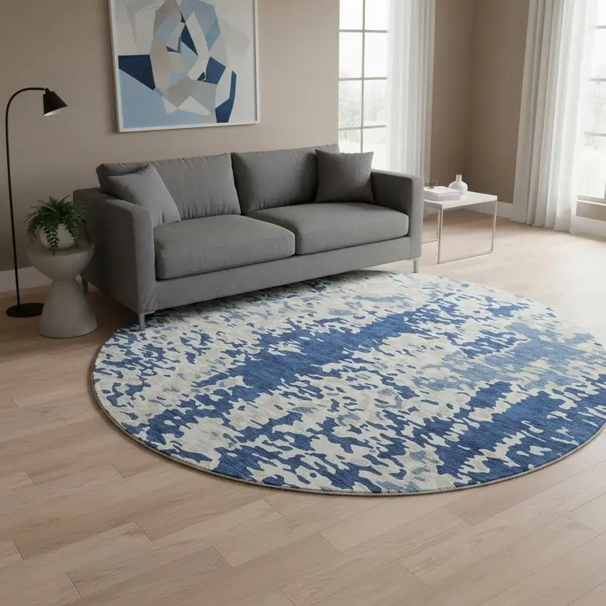 8' Navy Blue And Ivory Abstract Washable Round Rug With UV Protection Photo 2