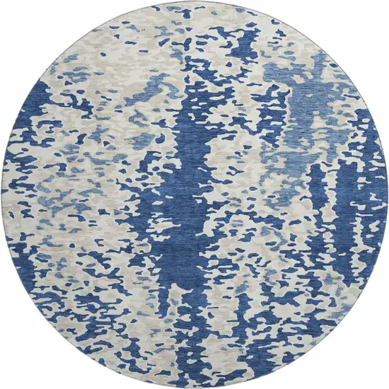 8' Navy Blue And Ivory Abstract Washable Round Rug With UV Protection Photo 1