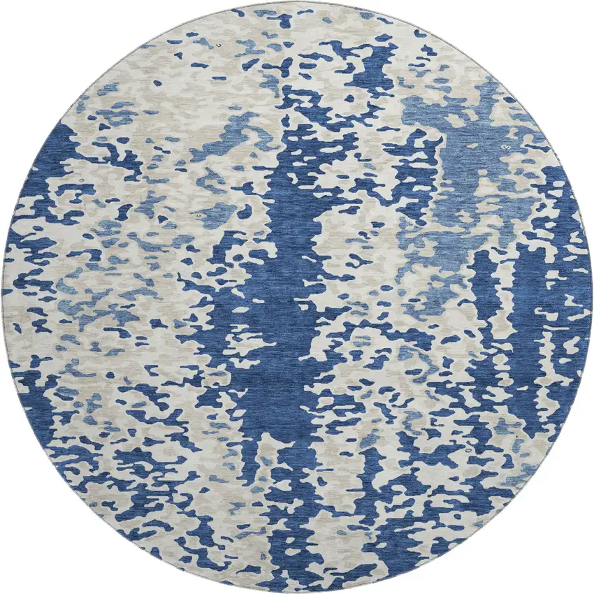 8' Navy Blue And Ivory Abstract Washable Round Rug With UV Protection Photo 1