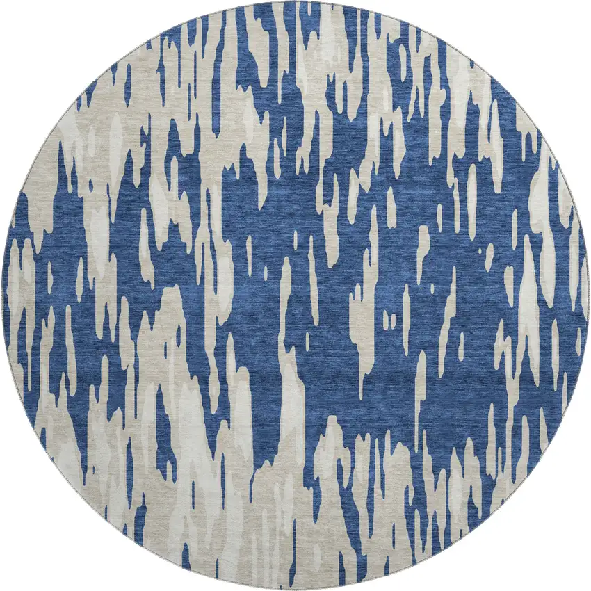 8' Navy Blue And Ivory Abstract Washable Round Rug With UV Protection Photo 1