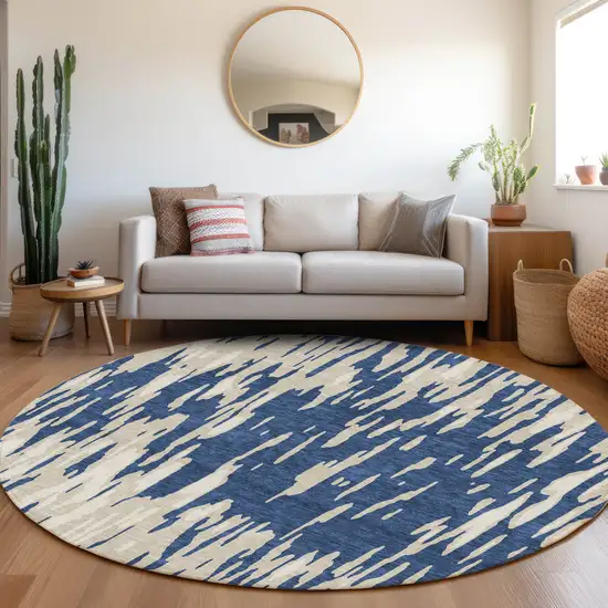 8' Navy Blue And Ivory Abstract Washable Round Rug With UV Protection Photo 4