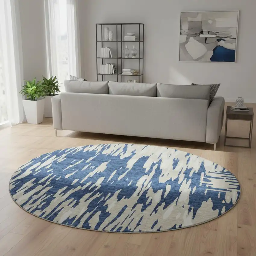 8' Navy Blue And Ivory Abstract Washable Round Rug With UV Protection Photo 2