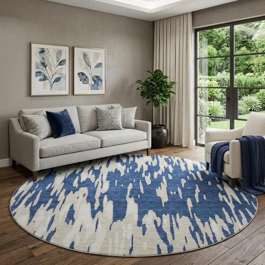 8' Navy Blue And Ivory Abstract Washable Round Rug With UV Protection Photo 1