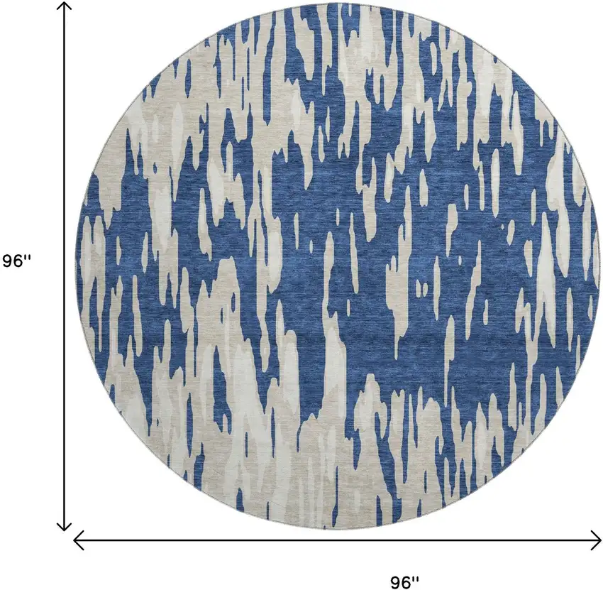 8' Navy Blue And Ivory Abstract Washable Round Rug With UV Protection Photo 9