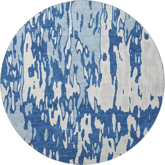 8' Navy Blue And Ivory Abstract Washable Round Rug With UV Protection Photo 3