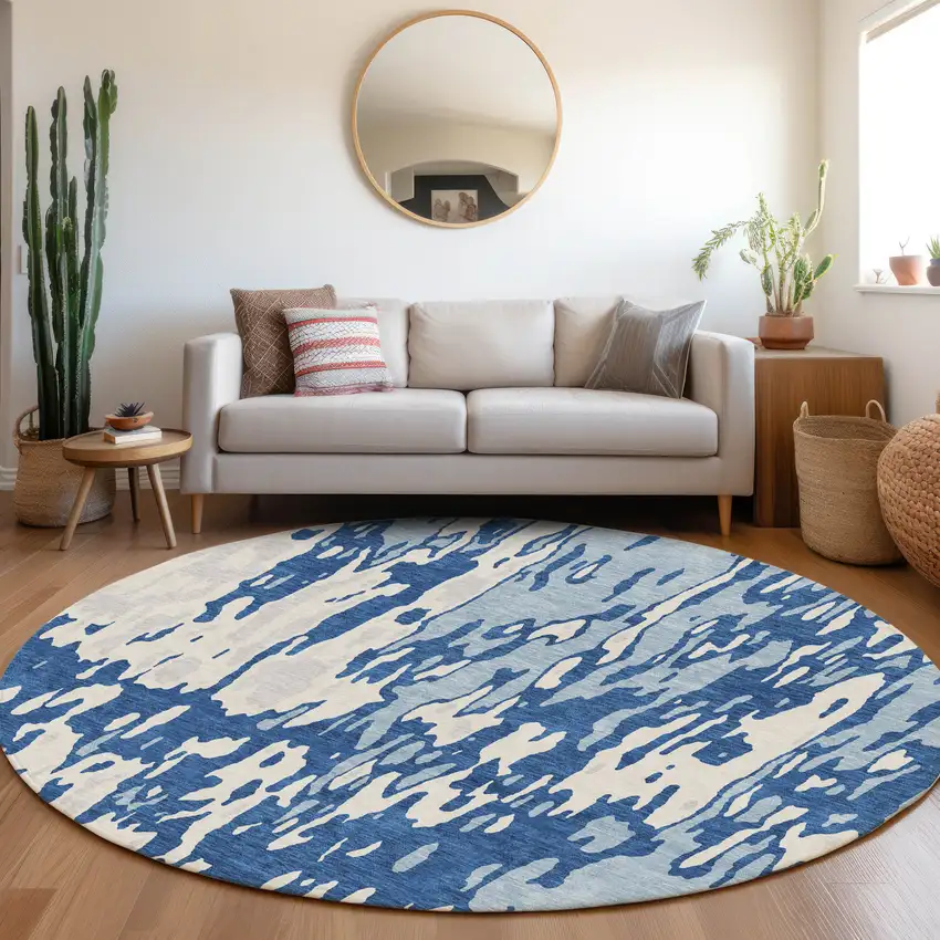 8' Navy Blue And Ivory Abstract Washable Round Rug With UV Protection Photo 4