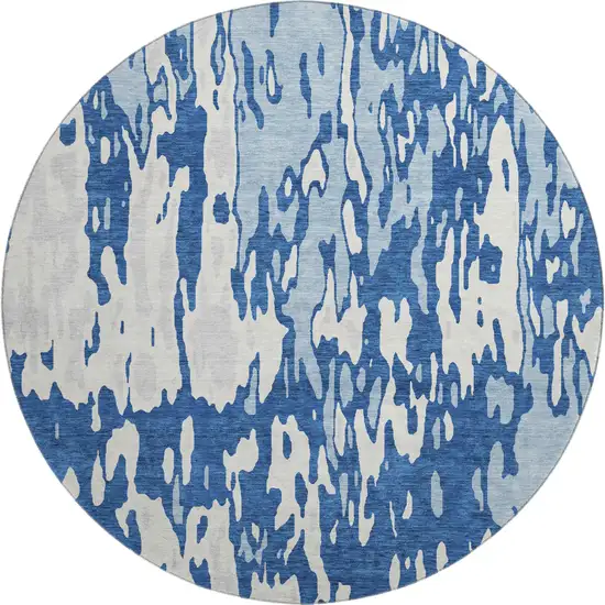 8' Navy Blue And Ivory Abstract Washable Round Rug With UV Protection Photo 1