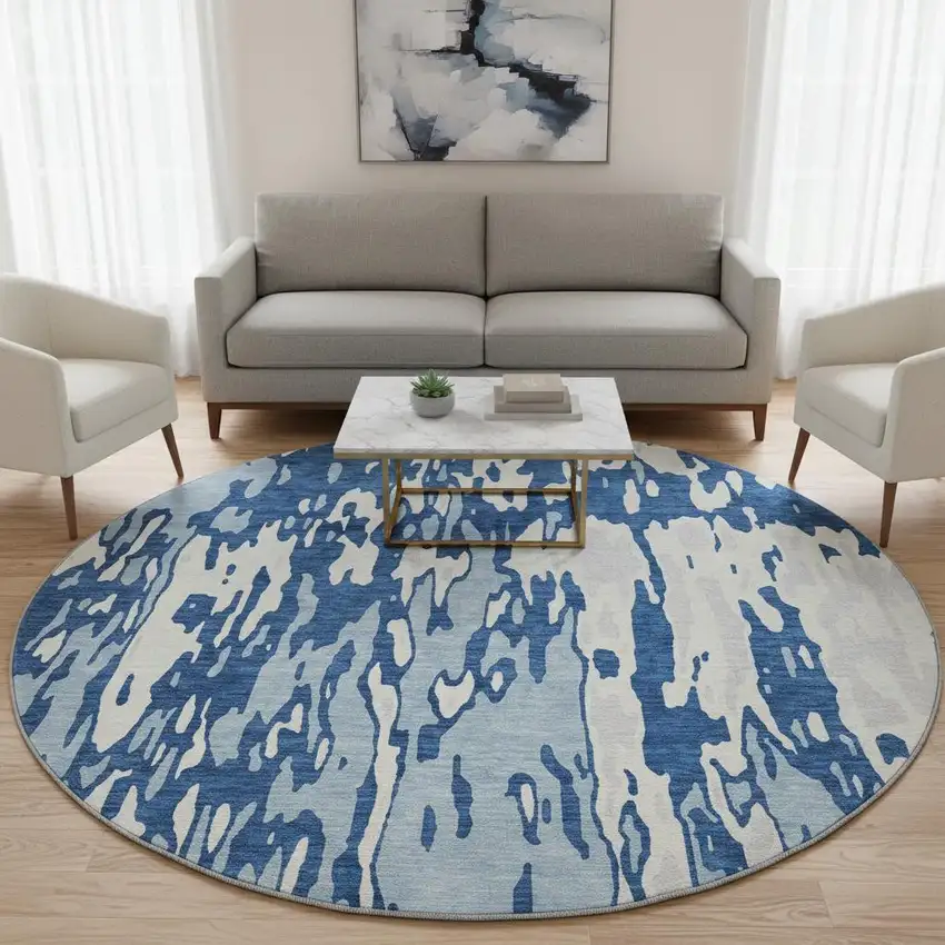 8' Navy Blue And Ivory Abstract Washable Round Rug With UV Protection Photo 2