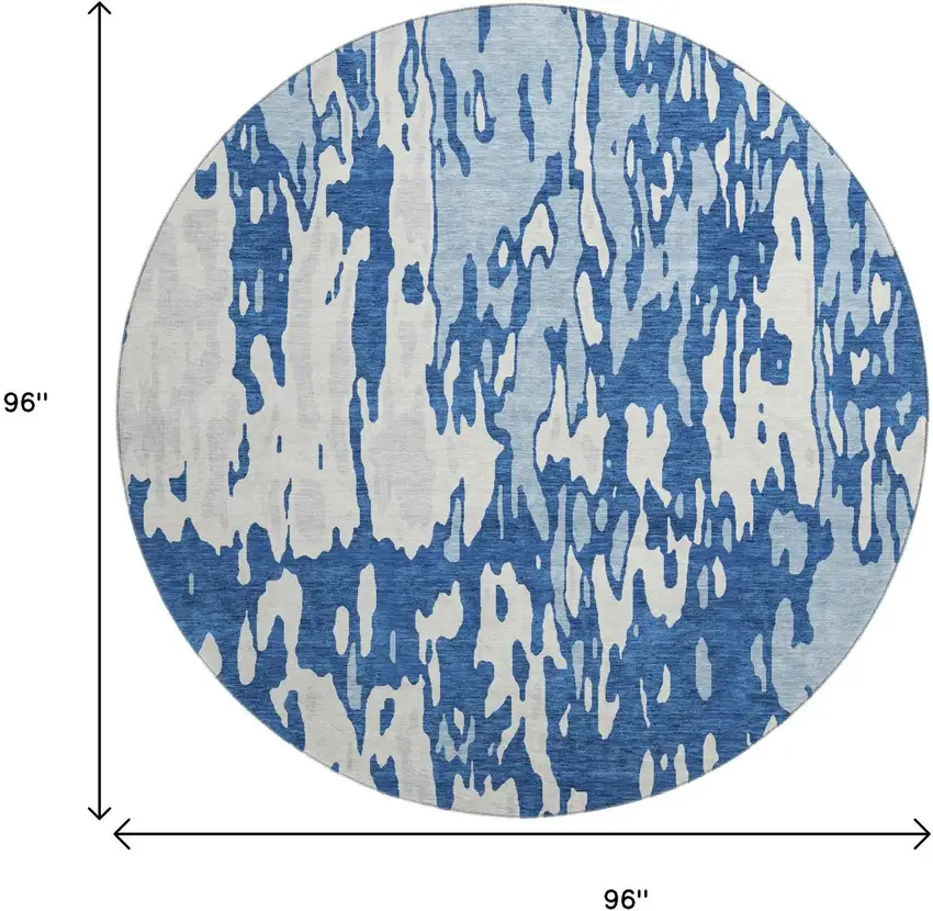 8' Navy Blue And Ivory Abstract Washable Round Rug With UV Protection Photo 9