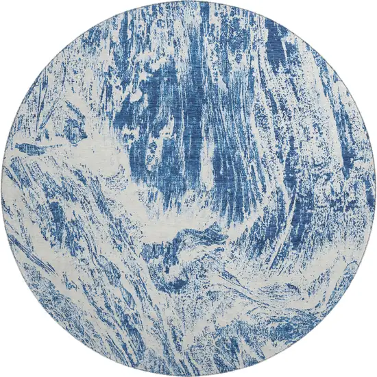 8' Navy Blue And Ivory Abstract Washable Round Rug With UV Protection Photo 1