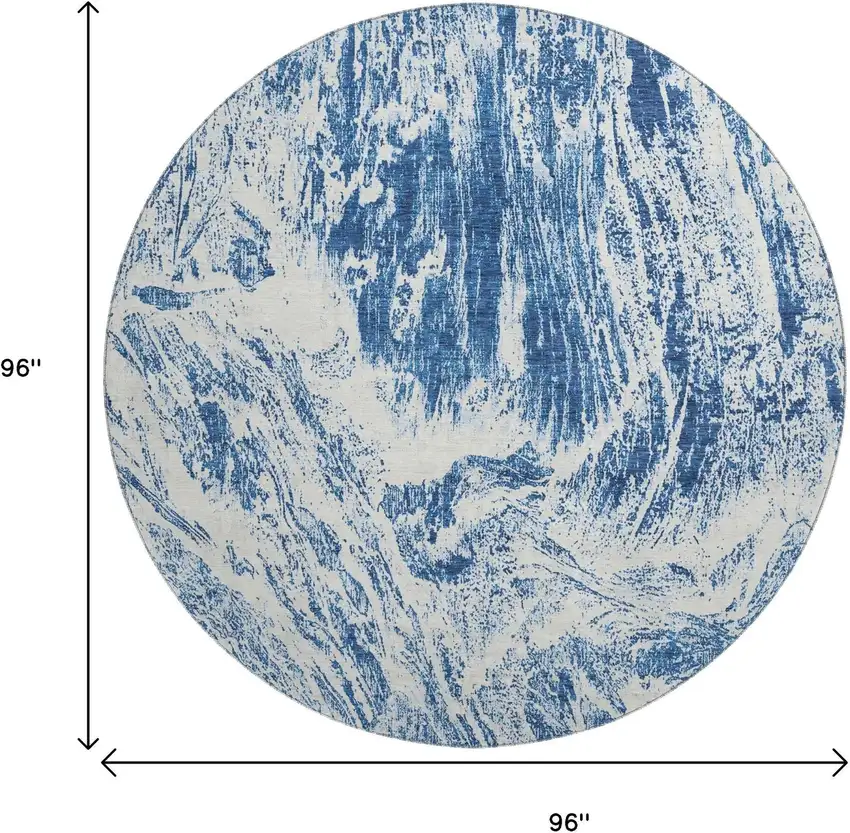 8' Navy Blue And Ivory Abstract Washable Round Rug With UV Protection Photo 9