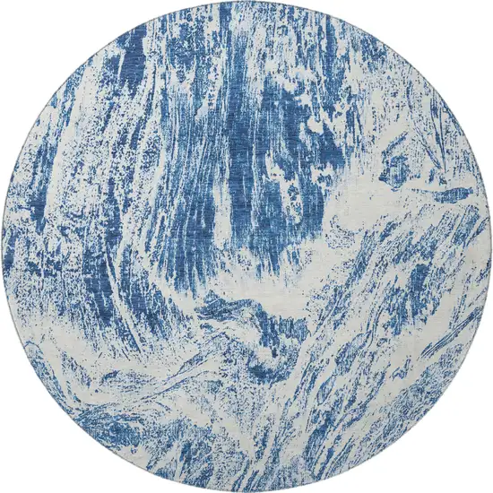 8' Navy Blue And Ivory Abstract Washable Round Rug With UV Protection Photo 3
