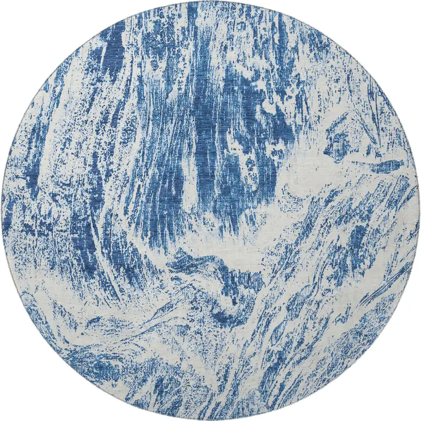 8' Navy Blue And Ivory Abstract Washable Round Rug With UV Protection Photo 3