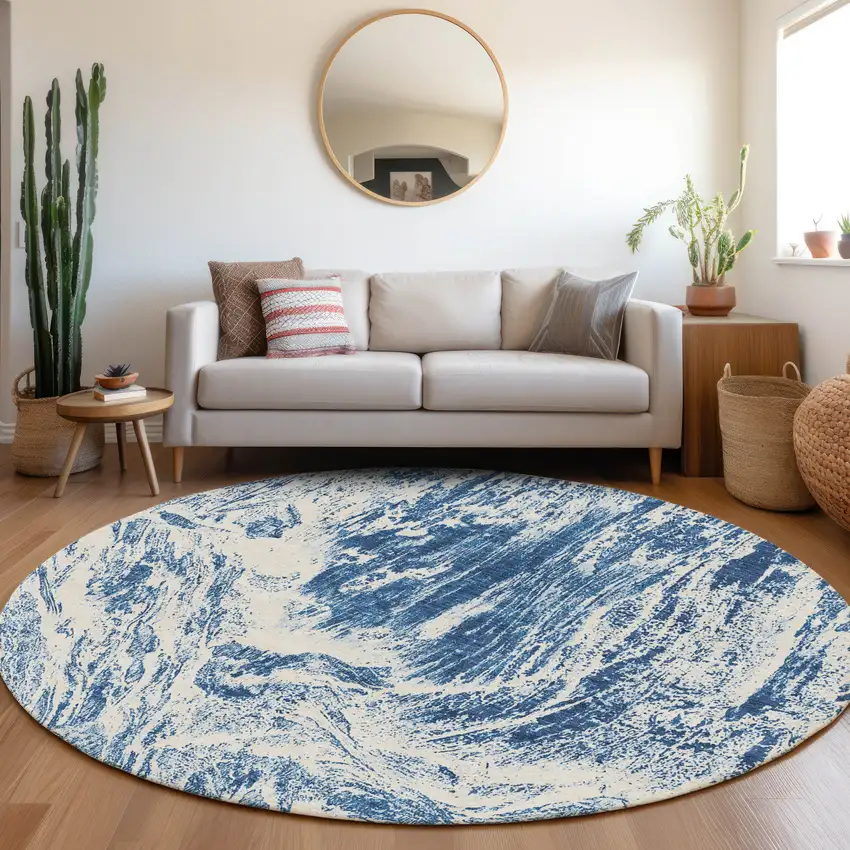 8' Navy Blue And Ivory Abstract Washable Round Rug With UV Protection Photo 4