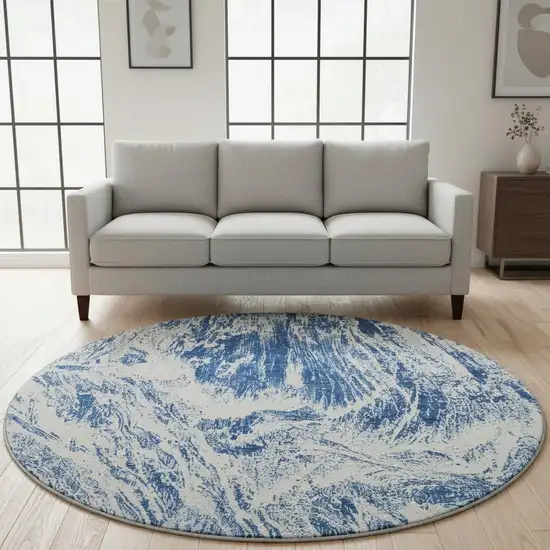8' Navy Blue And Ivory Abstract Washable Round Rug With UV Protection Photo 2