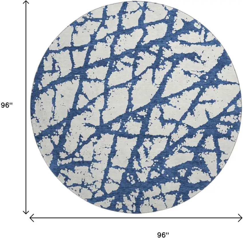 8' Navy Blue And Ivory Abstract Washable Round Rug With UV Protection Photo 9