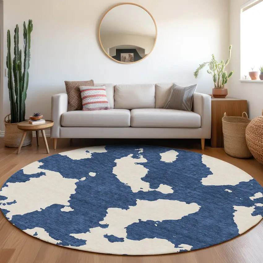 8' Navy Blue And Ivory Abstract Washable Round Rug With UV Protection Photo 3