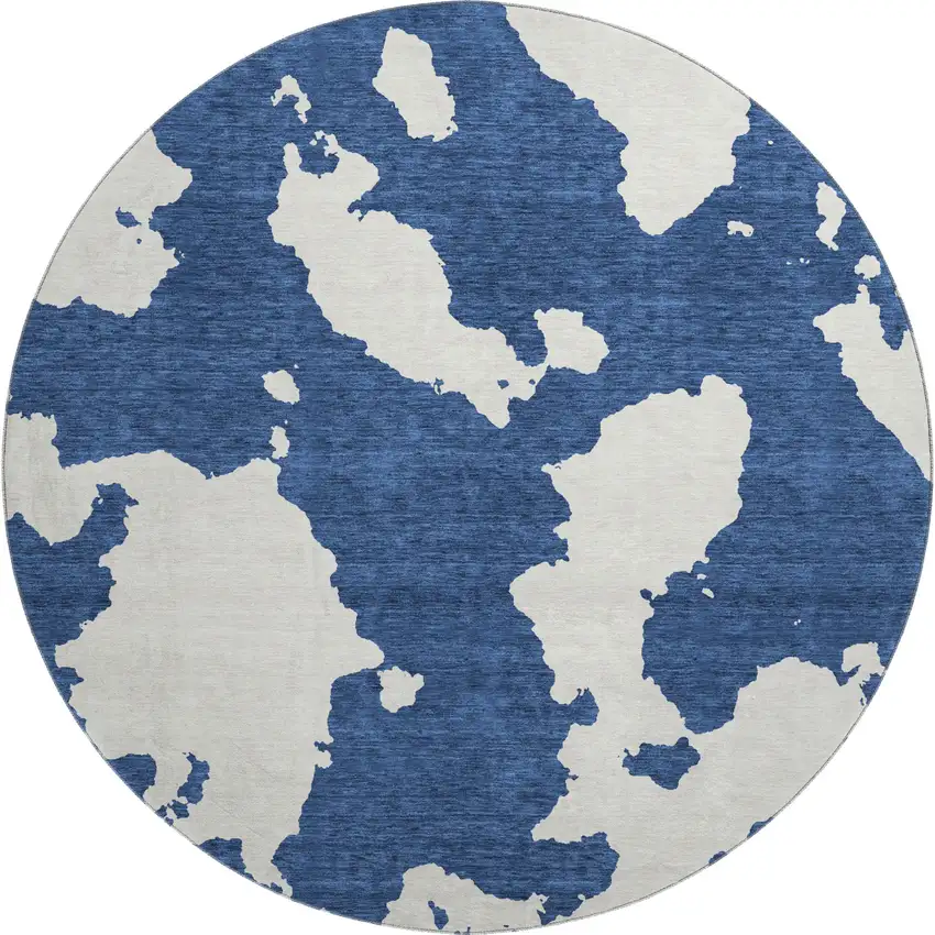 8' Navy Blue And Ivory Abstract Washable Round Rug With UV Protection Photo 1