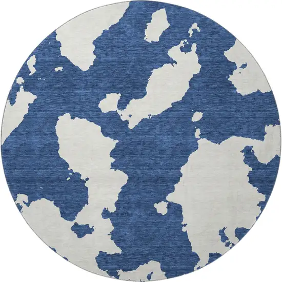 8' Navy Blue And Ivory Abstract Washable Round Rug With UV Protection Photo 2