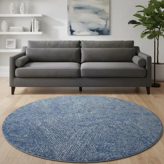 8' Navy Blue And Ivory Abstract Washable Round Rug With UV Protection Photo 2