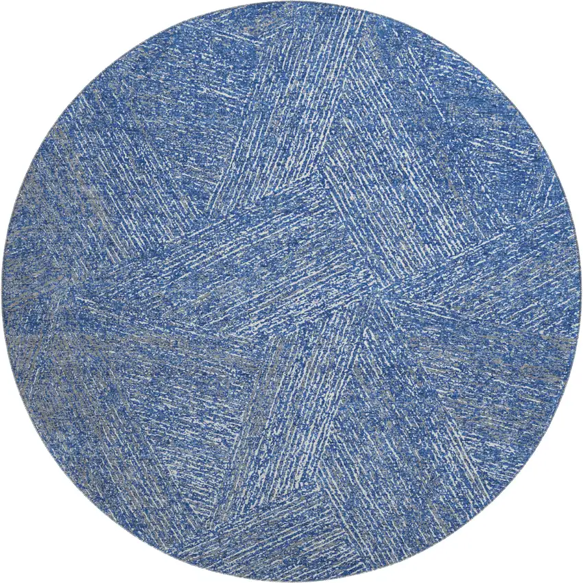8' Navy Blue And Ivory Abstract Washable Round Rug With UV Protection Photo 1