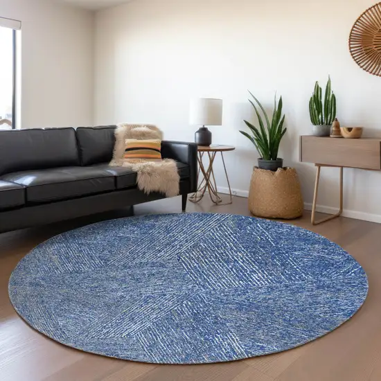 8' Navy Blue And Ivory Abstract Washable Round Rug With UV Protection Photo 3