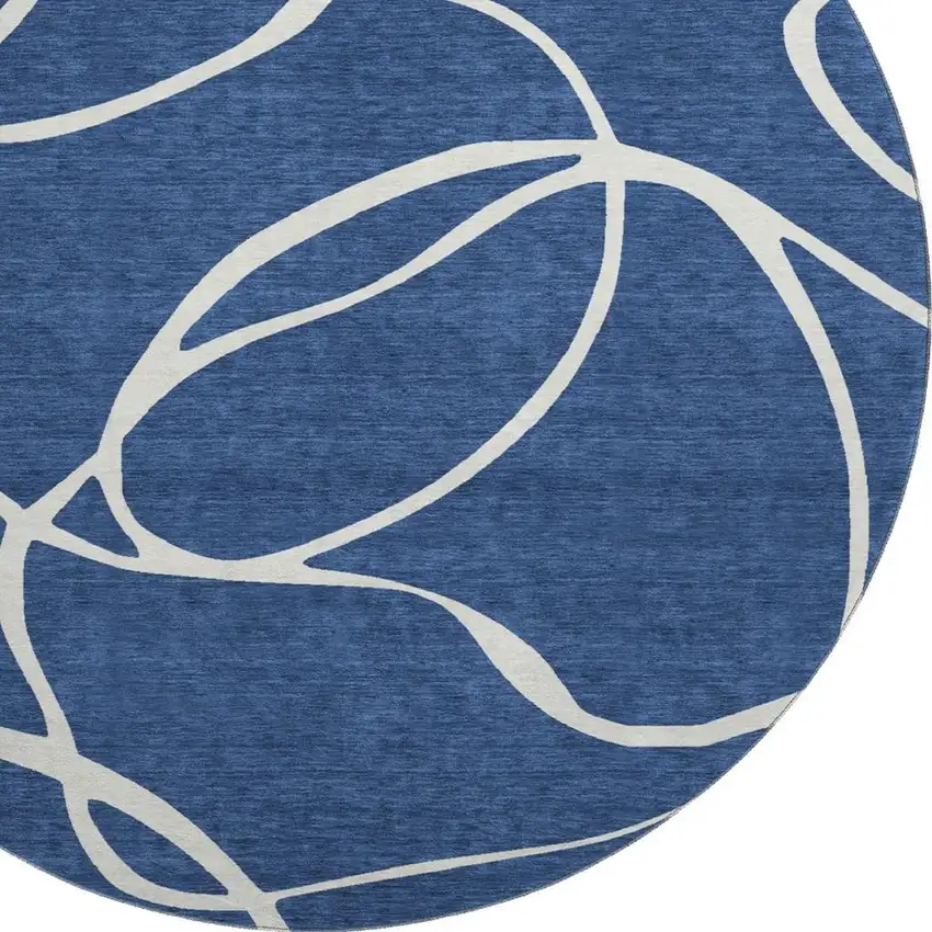 8' Navy Blue And Ivory Abstract Washable Round Rug With UV Protection Photo 2