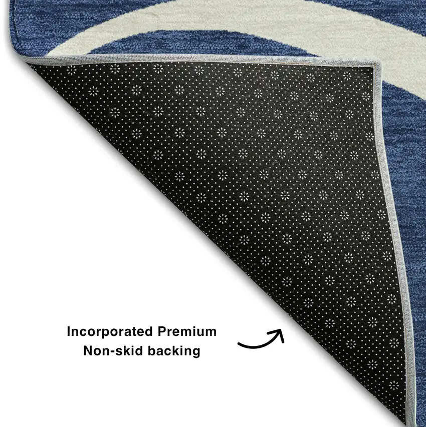 8' Navy Blue And Ivory Abstract Washable Round Rug With UV Protection Photo 5