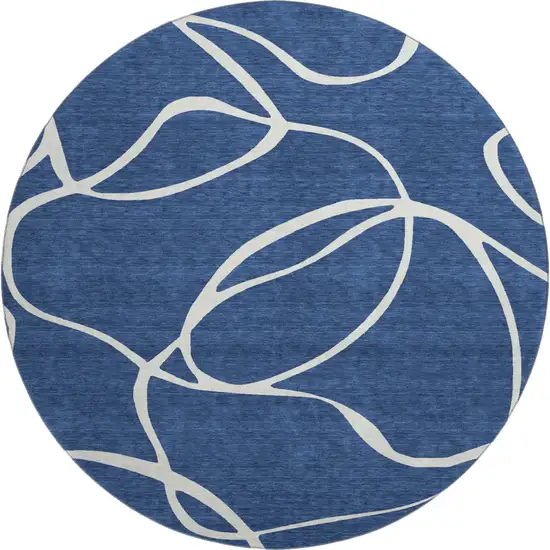 8' Navy Blue And Ivory Abstract Washable Round Rug With UV Protection Photo 1