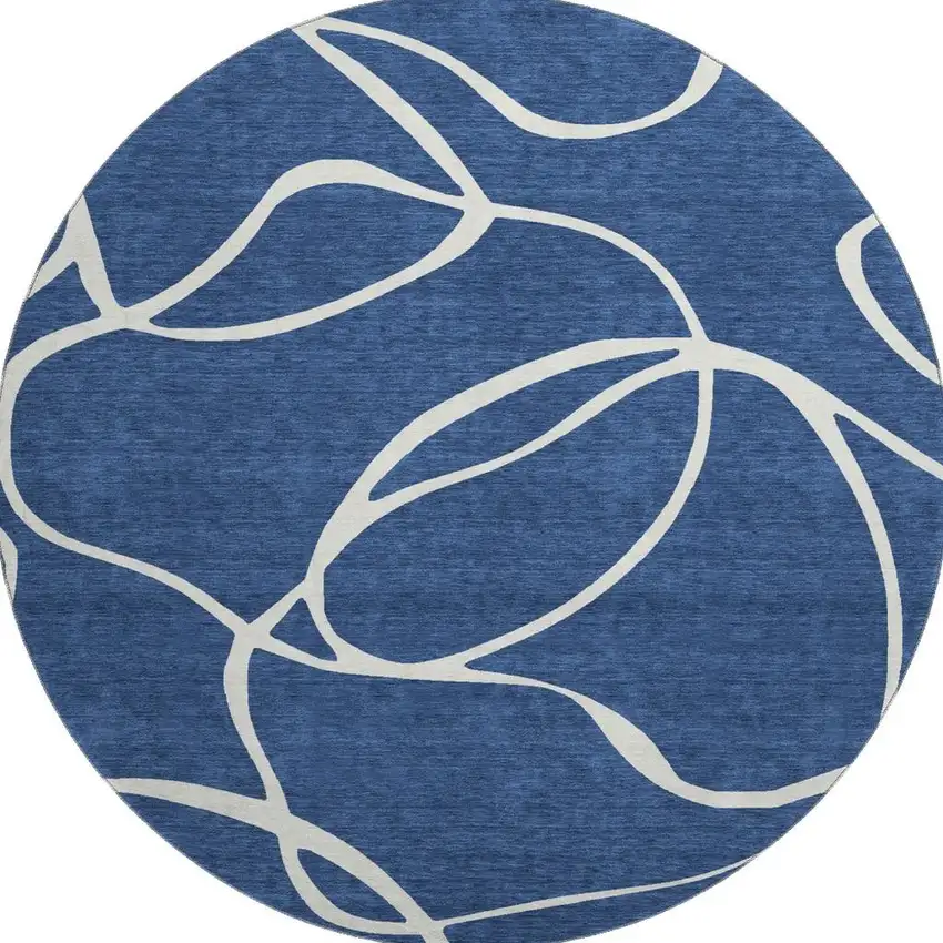8' Navy Blue And Ivory Abstract Washable Round Rug With UV Protection Photo 3