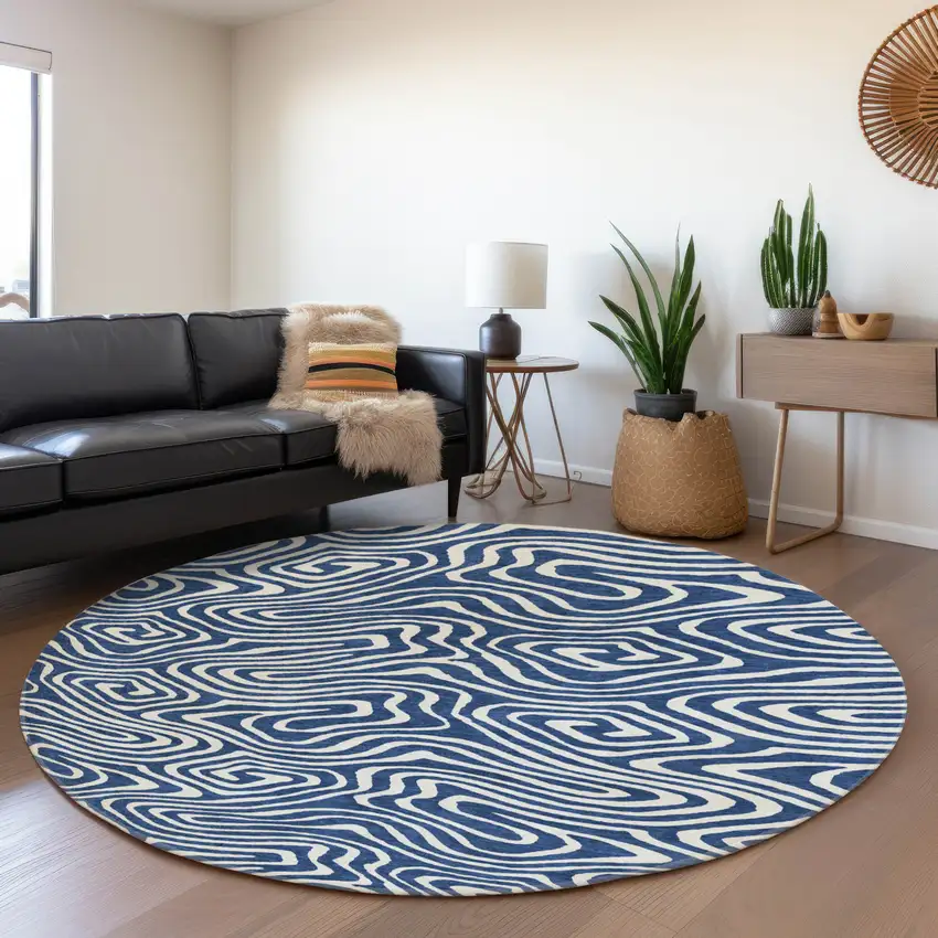8' Navy Blue And Ivory Abstract Washable Round Rug With UV Protection Photo 4
