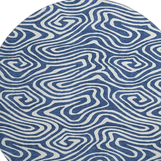 8' Navy Blue And Ivory Abstract Washable Round Rug With UV Protection Photo 3