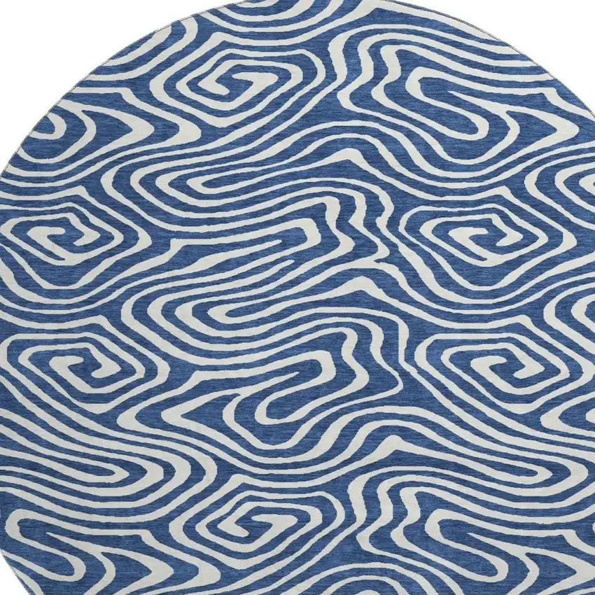 8' Navy Blue And Ivory Abstract Washable Round Rug With UV Protection Photo 3