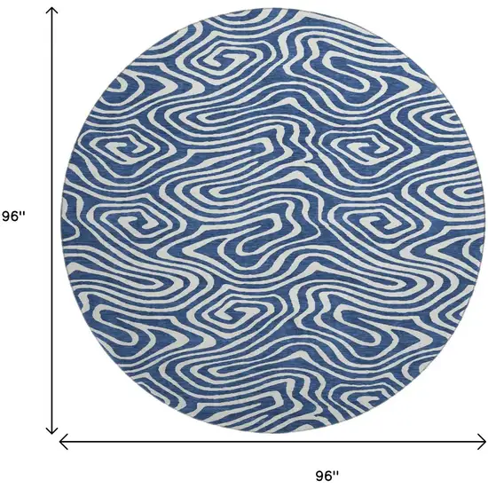 8' Navy Blue And Ivory Abstract Washable Round Rug With UV Protection Photo 9