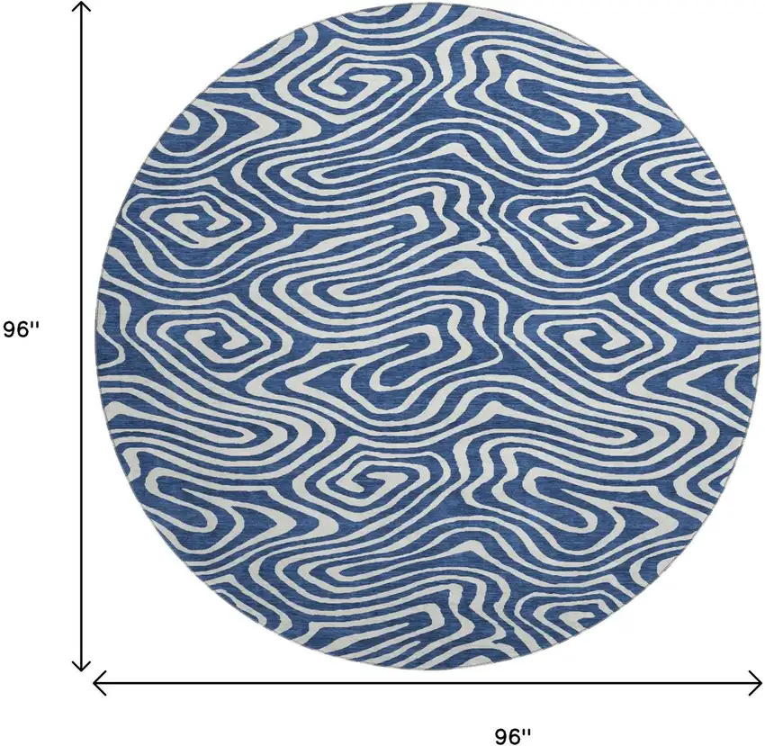 8' Navy Blue And Ivory Abstract Washable Round Rug With UV Protection Photo 9